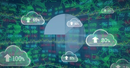 Poster - Animation of clouds with uploading globe and icons rotating over globe rotating with numbers process