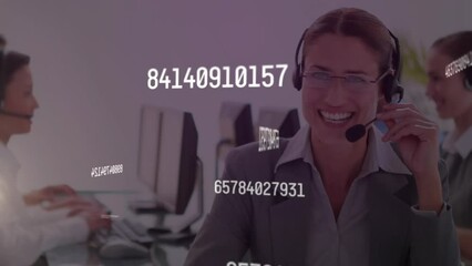 Poster - Animation of networks of connections over business people wearing phone headsets