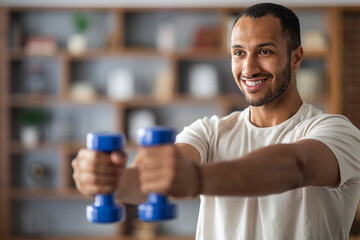 Wall Mural - Handsome smiling black man exercising with dumbbells at home