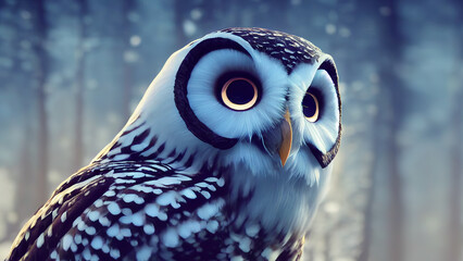 Snowy owl. Color, graphic portrait of an owl on a forest background. Digital illustration.