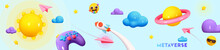 Futuristic Background Cosmic Space Creative Design. Abstract Horizontal Banner Concept Game Metaverse. Realistic 3d Cartoon Style Planets, Space Game Gamepad, Rocket Flying In Sky. Vector Illustration