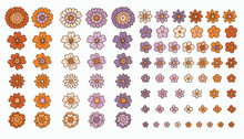 60s 70s Groovy Flowers Set Element In Vintage Hippie Aesthetics Isolated On A White Background. Rainbow Daisies Drawn By Hand. Floral Design In A Retro Style.