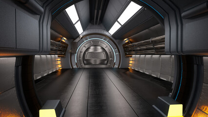 Poster - View of a science fiction space ship corridor through and open doorway. 3D illustration.