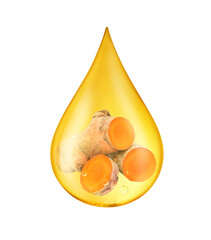 Wall Mural - Drop of Turmeric (Curcuma longa Linn) essential oil  with slided insinde isolated on white background. Clipping path.