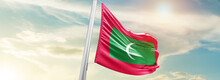 Maldives National Flag Cloth Fabric Waving On The Sky - Image