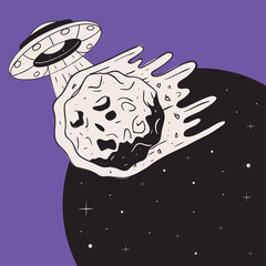 Sticker - space ufo and asteroid retro