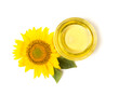 Sunflower oil and flower isolated on white, top view