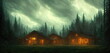 House in a dark gloomy forest, a hermit village in a wooded area, light in the windows of houses. 3d illustration