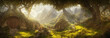 Leinwandbild Motiv Hobbit village, houses with round doors and windows. Roofs of the houses are covered with grass. World of the Lord of the Rings. 3d illustration