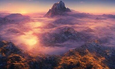 Fototapete - Sunrise in the mountains, beautiful landscape. Morning fog flows down the slopes of the mountains. Panorama of mountain peaks and ridges. 3d illustration