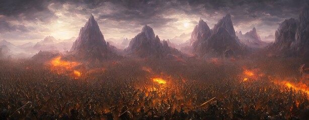 Wall Mural - Fantasy medieval battle of the warriors of good and evil. Battlefield is on fire, deadly battle of ice and flame. 3d illustration