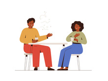 Young Couple Sit At Cafe Table And Talking Or Chatting. Black Man And Woman On Romantic Date Or Friendly Meeting. Two Collegues Spend Time Together At Coffee Break. Vector Illustration.