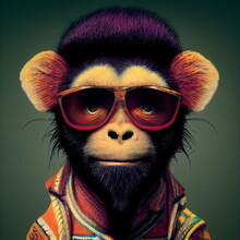 Stylized Cool Funky Monkey Portrait Colored 3D Illustration With A Colorful Background