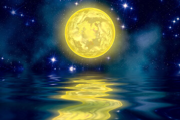 Wall Mural - Bright moon with colorful background. Stars and galaxies. Water reflection.