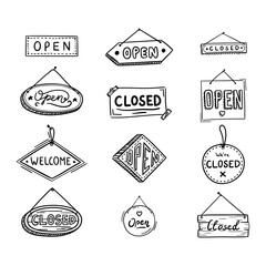 Sticker - Open Signs Doodle Thin Line Black Icons Set. Vector illustration of Hanging Business Board for Shop Door