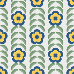 Poster - Retro yellow and blue flower with curve leaf seamless pattern background