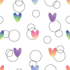 Wall Mural - Watercolor colorful hearts and circles with black outline on white background. Seamless pattern. Vector illustration.
