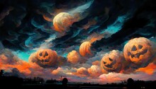 Spooky Halloween Pumpkin Sky Concept Art Illustration