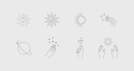 Wall Mural - Aesthetic astral hands. Collection of cosmic and celestial elements with sun, moon and stars. Isolated editable linear vectors.