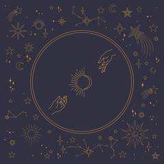 Wall Mural - astral celestial frame with stars, hands, sun, moon phases, and copy space. mystic design. ornate ma