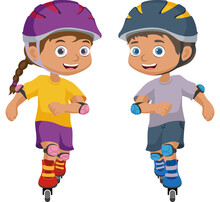 Boy And Girl Riding Roller. Little Kids Riding Roller Skate. Vector Illustration.