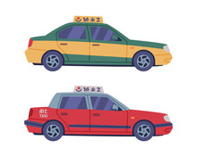 Chinese Taxi Or Cab As Vehicle For Hire Vector Set