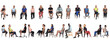 © curto - front and side view of a large group of people dressed in sports and casual clothes sitting on chair over white background