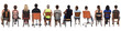 back view of a large group of people dressed in sports and casual clothes sitting on chair over white background