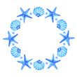 Watercolor blue starfish and seashell wreath isolated on transparent background. Nautical illustration.