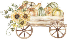 Watercolor Harvest Scene With Wooden Cart And Pumpkin, Sunflowers And Leaves Bouquet Clipart. Fall Decor Composition With Wagon Wheel For Thanksgiving, Autumn Arrangement Card, Rustic  Illustration