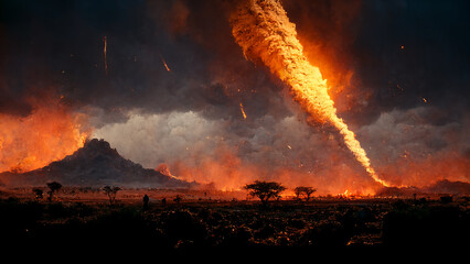 Crash of a Burning Comet in the African Savannah CG Digital Painting Art Illustration. Asteroid Hitting Earth AI Neural Network Computer Generated Abstract Background. Apocalypse Spectacular Wallpaper