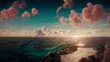 Paradise Islands Aerial View on Land, Azure Water and Fluffy Clouds Panoramic Art Illustration. Heaven Sunset in Tropics Abstract Background. Digital Painting AI Neural Network Computer Generated Art