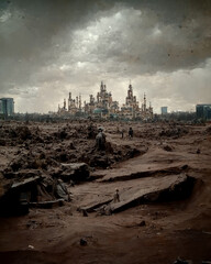 Wall Mural - Derelict Dieselpunk Metropolis in Wasteland Sci-Fi Post Apocalyptic Art Illustration. Lost City in Desert Landscape Vertical Wallpaper. CG Digital Painting AI Neural Network Computer Generated Art