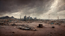 City Dump In Wasteland Sci-Fi Post Apocalyptic Panoramic Wallpaper. Big Landfill Outside The City In Desert Landscape Art Illustration. CG Digital Painting AI Neural Network Computer Generated Art