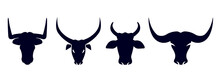 Bull And Cow Head Vector Silhouette With Big Horn