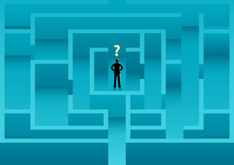 Businessman standing in the middle of the maze confusedly looking for a way out