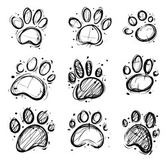 Wall Mural - Paw prints dog animal feet scribble doodle hand drawn black and white outline vector SVG