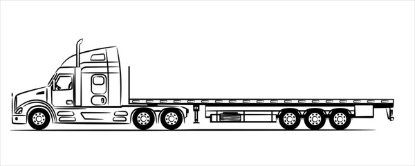 Wall Mural -  American Flatbed trailer truck abstract silhouette on white background.  A hand drawn of a truck car. Trailer with axle extendable trailer rigged. Low Bed Trailer Truck for Excavator