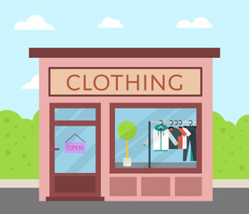 Facade clothing store with sign board and clothes in shop window vector illustration. Retail concept with front apparel shop along city street. Trade business, shopping advertising in flat design.