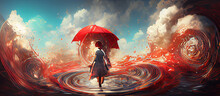 Girl With Red Umbrella Makes A Swirling Water Digital Artwork Illustration Paintings Hyper Realistic Renders