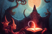 The Wizard Casts A Spell To Summon A Giant Monster Digital Artwork Illustration Paintings Hyper Realistic Renders