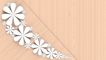 Fototapete - Woody plates background with white paper flowers. Concept image of happy Invitation and reception sign. 3D high quality rendering. 3D illustration. High resolution.