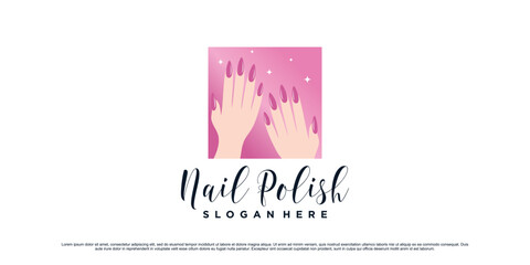 Wall Mural - Nail polish logo design for nail art studio with woman hand and square concept Premium Vector