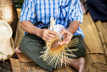 Close Up Of Elderly Hands Manually Weaving Bamboo Basket, Handicraft Traditional, Basketweave