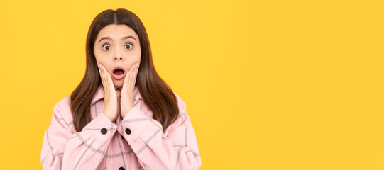 Sticker - latest trend. autumn fashion. shocked teen girl in pink checkered shirt. concerned hipster kid. Child face, horizontal poster, teenager girl isolated portrait, banner with copy space.