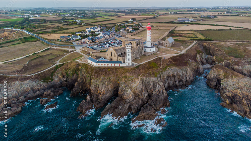 Aerial view of the lighthouse of the Pointe Saint Mathieu facing the ...