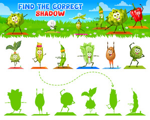 Poster - Find the correct shadow of cartoon vegetables on yoga. Kids matching game vector worksheet with lettuce, green peas, potato and mushroom. Olive, bell pepper, kohlrabi, cauliflower, corn, and artichoke