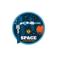 Poster - Orbital station icon. Space exploration vector icon or cosmos discovery vintage badge with orbital station in outerspace. Galaxy research program and aerospace technology round retro emblem
