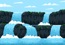 8 Bit Pixel Game Waterfall Cascade Landscape, Video Arcade Vector Background. 8bit Pixel Art Water Fall With Splashes From Mountain Rock Or Volcano Island, For Game Level And Cartoon Interface