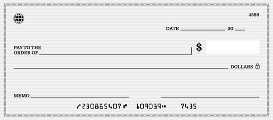 Wall Mural - blank bank check, checkbook cheque template for dollars payment, vector mockup. bank payment check o